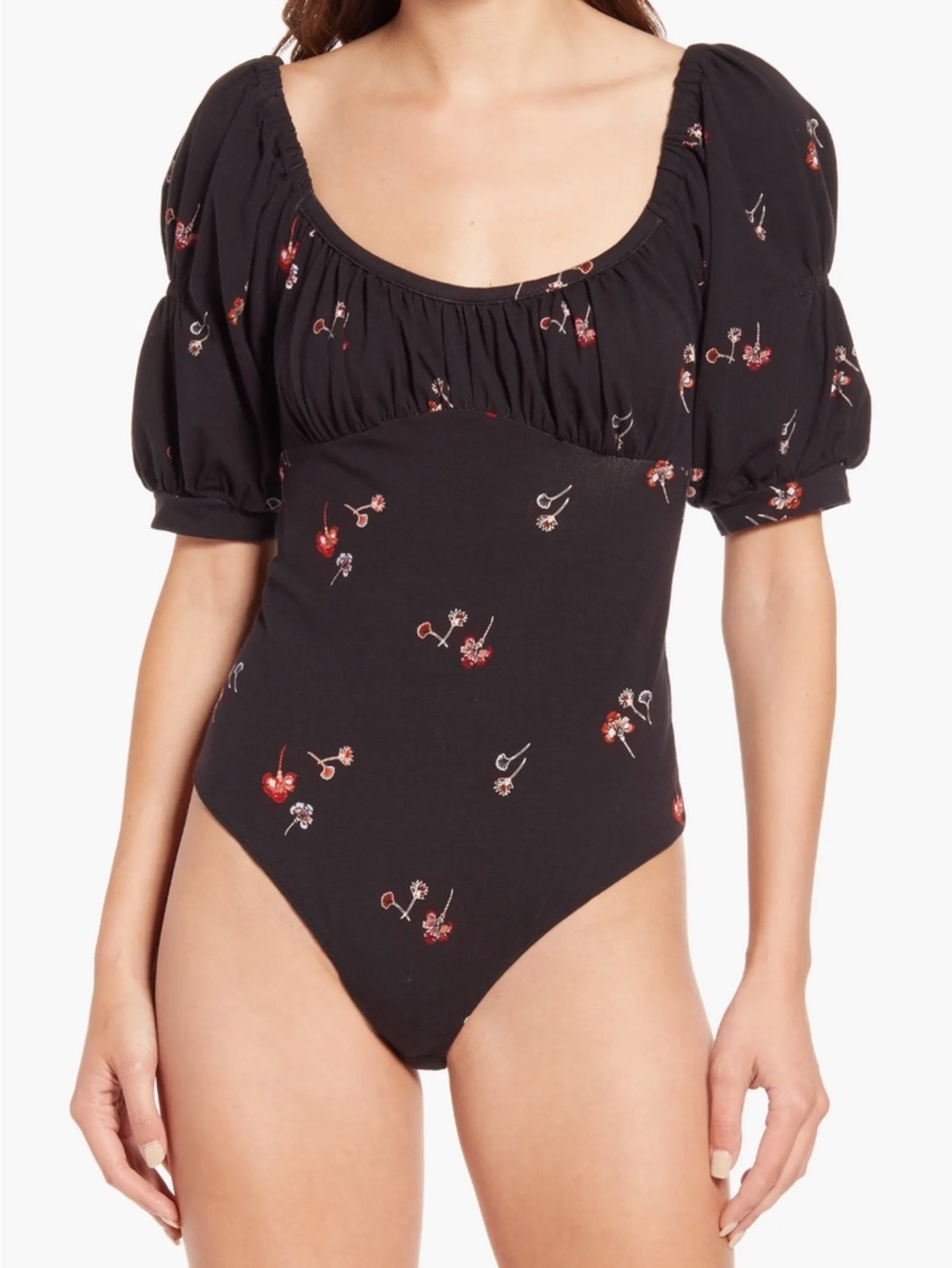Free People Black Floral Puff Sleeve Bodysuit